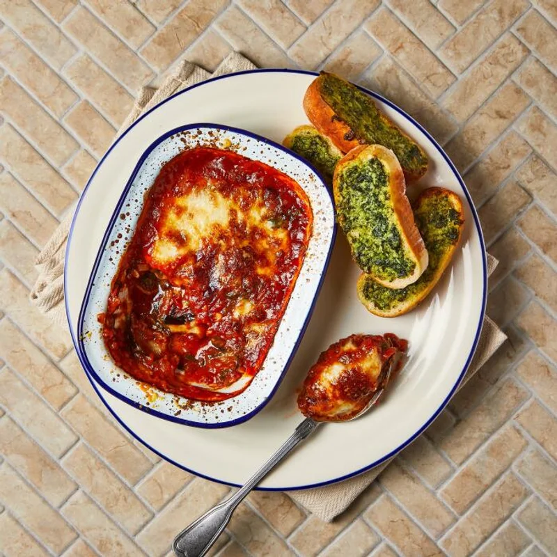 Aubergine Parmigiana With Pesto Bruschetta