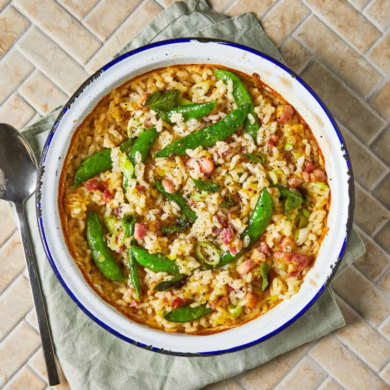 Baked Sugar Snap & Bacon Risotto